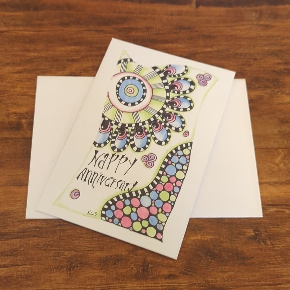 🌻5/$20 Handmade Happy Anniversary Floral Zentangle Card Green And Blue